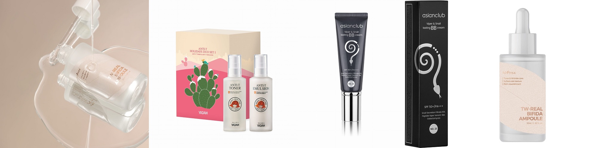 skinstreet.pl - sklep z koreańskimi kosmetykami.Kolaż z produktami Isntree Bifida Ampoule, Yadah Anti-T Duo Set i Viper & Snail BB Cream