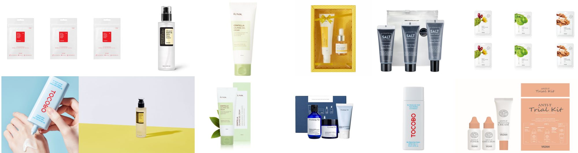 skinstreet.pl - sklep z koreańskimi kosmetykami.Kolaż z produktami Tocobo Sun Cream, Cosrx Snail Essence, Iunik Centella Cream i zestawem prezentowym SkinStreet